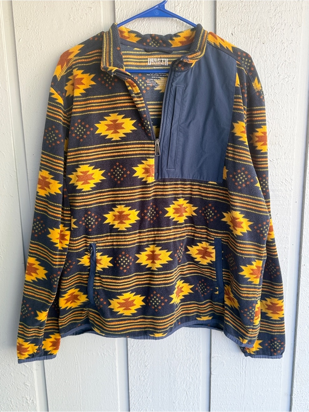 Men’s Duluth Trading Co Navy Pullover with Yellow & Orange Pattern Large